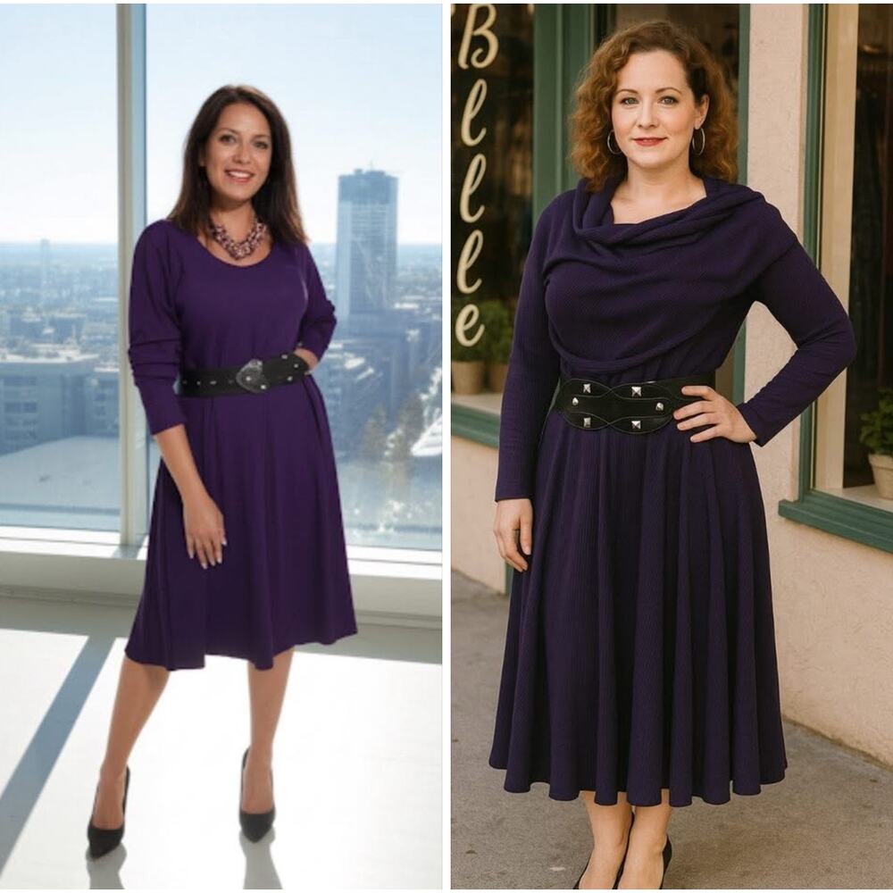 Amanda Lane Purple Ribbed Scoop Neck Long Sleeve Knee Length Belt‎ Maxi Dress 2X
